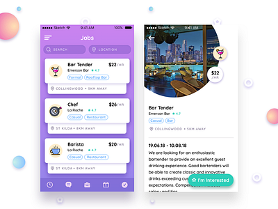 Jobs Search bar cafe chef cocktail colour illustrations ios jobs location pay tags ui