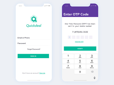Quickdeal App branding client customer design details flat ios iphone x logo minimal mobile app otp purple resend otp service signin typography ui ux