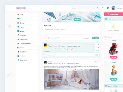Baby Product Online Store - Dashboard ads baby buy now cart client dashboard data details event feed flat message minimal post questions service shop store ux web