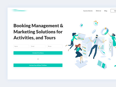 Product - Landing Page activities booking branding client customer data design details illustration landing page management marketing minimal service solutions tour typography ui ux website
