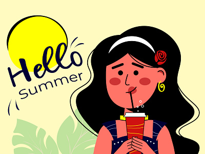 Hello summer poster. Flat cartoon girl character