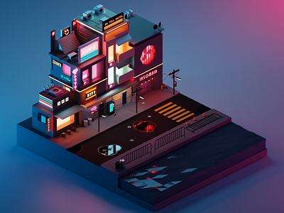 Elegant CyberPunk Neighbourhood 3d blender club clubs cyberpunk eatery illustration isometric isometric illustration lighting lowpoly night scene sci fi