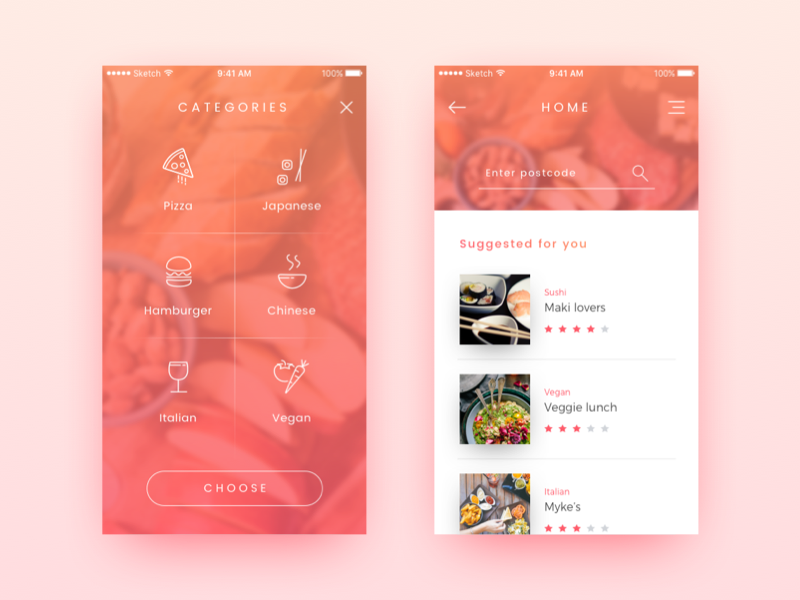 Food Delivery App - Concept mobile home concept icons gradient colors bright delivery food app