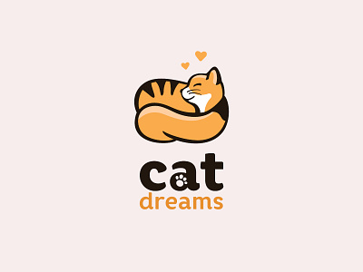 The cat sleeps and dreams of love brand cartoon curled up ball dream hearts logo love orange pet red cat sleeping stroke