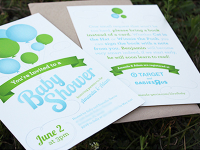 Baby Shower baby balloons blue green invitation invite ribbon