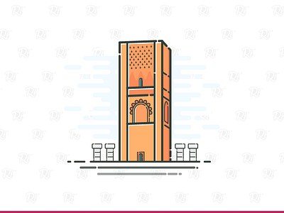 Hassan Tower 2d architecture design flat illustration islamic line morocco rabat simple stroke vector