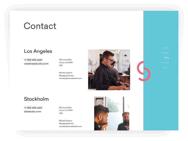 Contact page animation contact creative offices paralax principle scroll studio