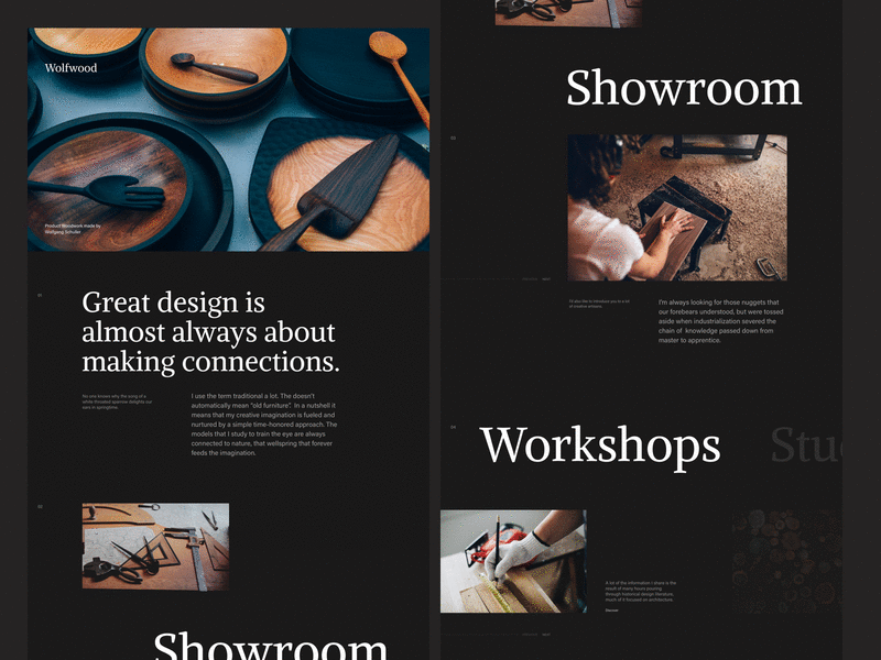 Wolfwood animation art direction contrast craft dark gif layout typography ui user interface website wood woodwork