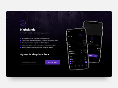 Nightlands 🌗 bullet list button game icon marketing website medieval minimal mobile mockup newsletter screenshot signup ui webdesign