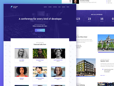 Full Stack Europe Conference Website branding button card conference countdown footer gradient masthead newsletter pattern schedule sections sponsors timetable web web design
