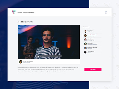 InnovationWall - community introductions about avatar border button close community list onboarding roboto top bar ui video video controls video introduction web app