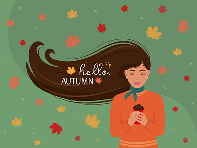 Hello, autumn! adobe illustrator autumn coffee color design gerl graphic design green illustration leaves maple leaf october vector woman