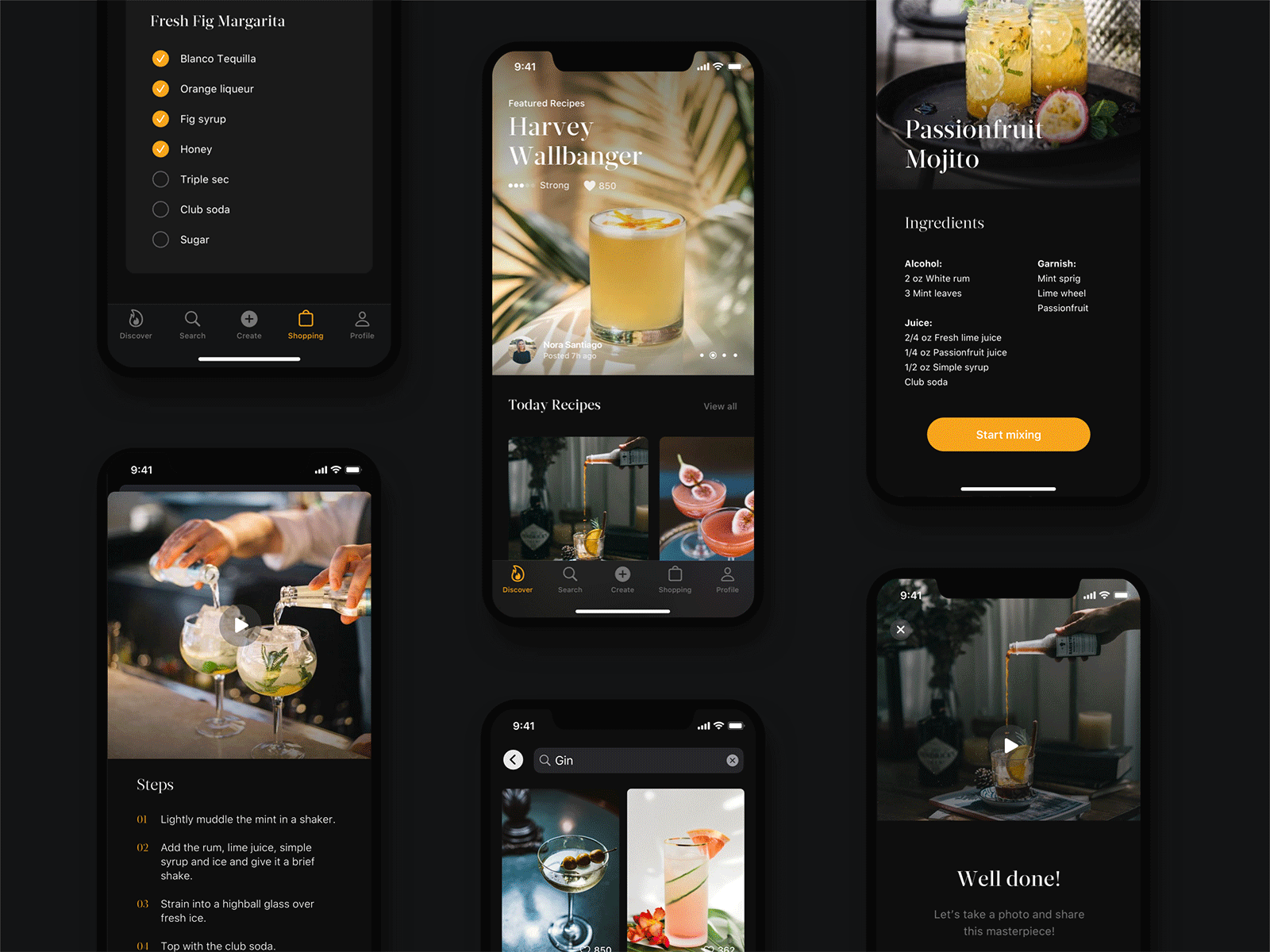 Mixology — Drink & Cocktail Recipes app app clean dark dark mode design drinks gallery ios layout mobile mobile app recipe app ui ux video