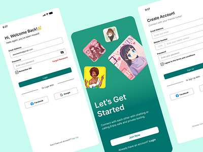 Log in, Onboarding screen and Sign up page for a chatting app