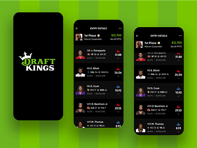 (continued) DraftKings Lineup Entry - Redesign Concept app design app ui design branding contrast dark mode draft draftkings fantasy fantasy sports football iphone x night mode sports typography