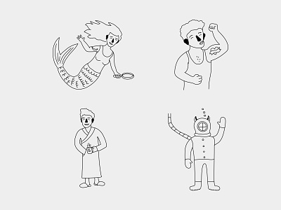 Corporate heroes characters chilling diver illustration design lineart mermaid narcissist