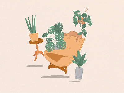 Plants and mid-century furniture cat chair furniture illustration mid century plants textured illustration