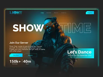 Light - Landing Page Dancing Game cyberpunk dance futuristic game gradient hero homepage landing page light modern ui ui dancing ui game ui ux