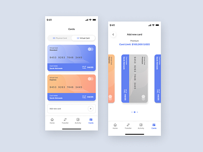 Mobile Banking App: Cards and Add New Card app design interaction design mobile design product design ui ux visual design