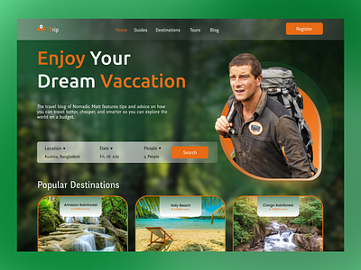 Travel Agency Landing Page - Hero Section adventure business camping hero section hiking holiday mountain nature outdoors travel agency travel agency hero section travel guide travel landing page travel web travelling trekking trip trip planner ui ui design