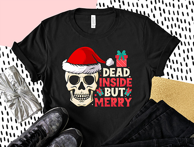 Dead Inside but Merry Funny Christmas T-shirt apparel celebration christmas clothing funny gift merry christmas santa santa clause santa hat skull tshirt tshirts xmas