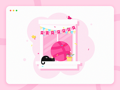 Hello Dribbble illustration，first shot，pink，cat，bird，window