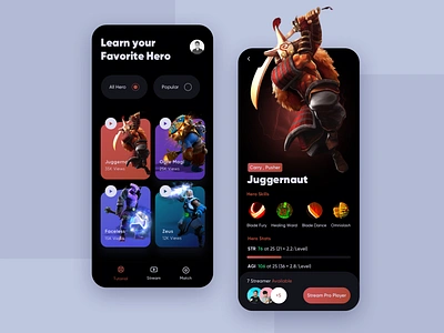 Dota 2 Streaming App app design clean ui dota 2 dota2 gaming app illustrations juggernaut mobile app design mobile design mobile ui ui uidesign ux