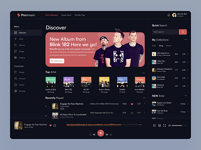 ProStream - Music Streaming band branding dark dark dashboard dark mode dark theme dark ui dashboard dashboard design guitar listen listening music music music streaming play podcast streaming streaming app ui ux