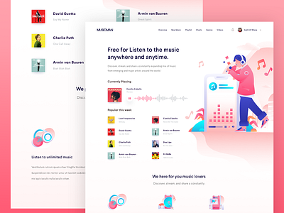 Music Streaming Website clean flat illustrations header icons design illustration illustrations landingpage music streaming ui ux vector webdesign