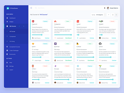 Online Course Dashboard Card View Data clean course darkblue dashboad dashboard design development e learning learning online courses progamming rewards study ui ux webdesign