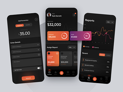 Finance Management App app budget colors dark design finance money money tracking orange tracker ui uiux ux