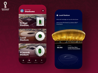 Fifa World Cup App 2022 Qatar 2022 app branding colors design fifa football marketing maroon qatar soccer stadium ui uiux ux worldcup
