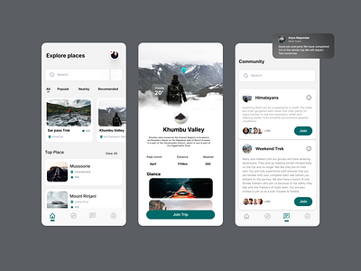 Trekking app UI grey minimalistic design travel travel ui trekking trekking app trekking app ui trekking ui design ui white