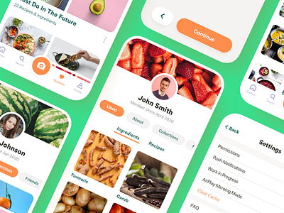 Profile Screen for a Health Recipe App about app card design clean collections flat ingredients interaction ios iphone likes mobile orange product design profile recipes saas ui ux