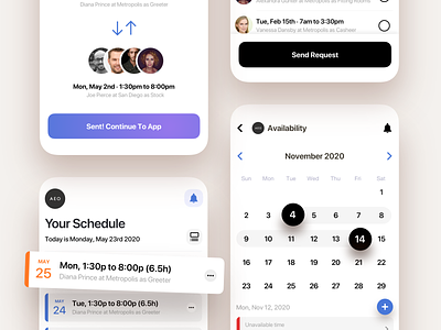 Scheduler App For Employees app calendar clean clock date picker employee interaction ios iphone mobile modal product design retail saas schedule scheduler time tracker ui ux