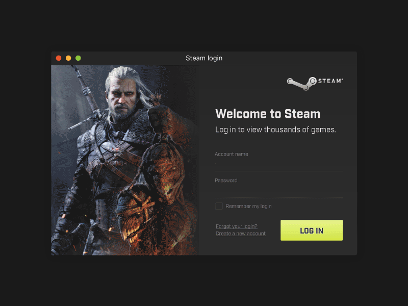 Steam App login screen, redesigned animation dailyui is life login redesign screen steam strange ui ux witcher