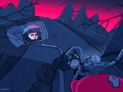 The Other Side of Fear 80s angsty anxiety bike blue cover art digital art fear horror illustration landscape motorcycle pink retro ride