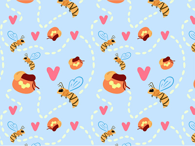 Honey bees 🐝🍯 2d illustration 2d pattern adobe illustrator bee pattern blue cartoon bee and honey cartton illustration cloth pattern design digital art for textile hearts honey pattern illustration illustrator pastel colors pattern spring pattern illustration vector vector art pattern yellow