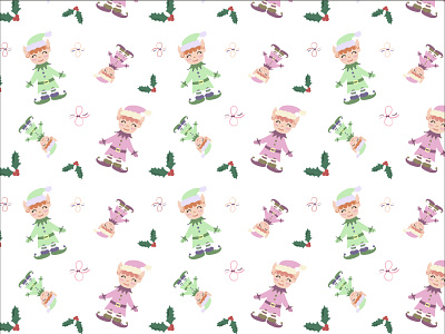 Christmas elf 🎄🎁 2d cartoon pattern 2d illustration adobe illustrator cartoon illustration christmas illustration christmas pattern digital art digital art for textile elf cartoon pattern green illustration illustrator pastel colors pattern for printing pink vector vector character white winter holiday pattern winter pattern