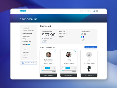 Gabb Wireless customer account dashboard