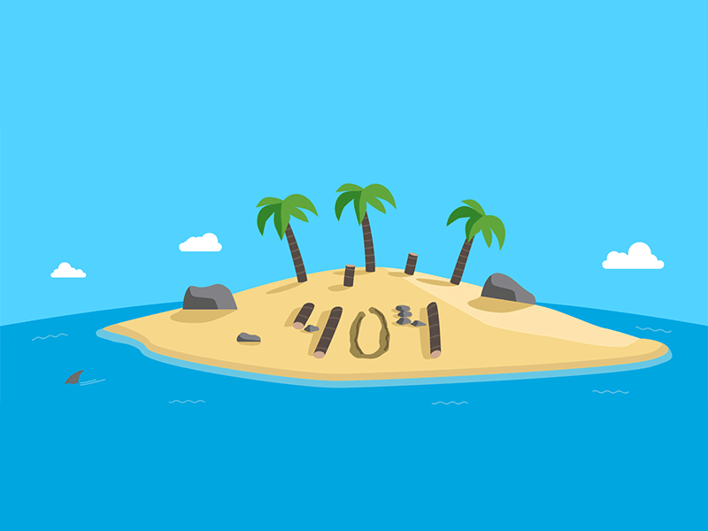 Desert Island 404 Page Design 404 clouds desert illustration island ocean palm trees shark uiux