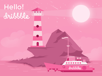 Hello Dribbble boat dribbble first shot harbour lighthouse pink ui