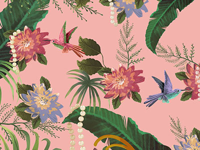 Pattern Pink flowers hummingbird nature pattern