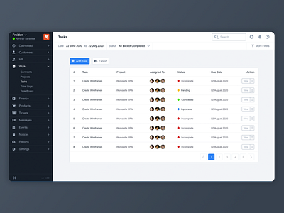 Worksuite Admin Table View UI admin dashboard admin panel crm dashboard datatable design product design task list ui user inteface user interface userinterface ux web design