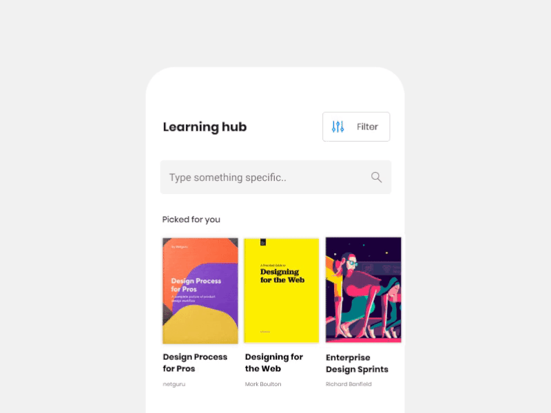 Filter app books button cards clean design figma filter filters interaction learn list mobile mobile app mobile ui search typogaphy ui uidesign uiux