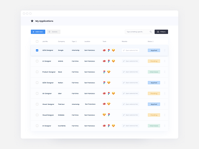Job Applications app app design application application icon application ui browser button checkbox checklist desktop figma job application joblisting link list search select status tools userinterface