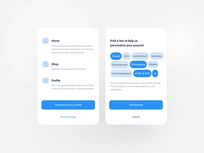 Cards - Personalization app book browse button cards chips clean ui figma mobile mobile ui modal windows overlay popup save select shop ui user experience user interface ux