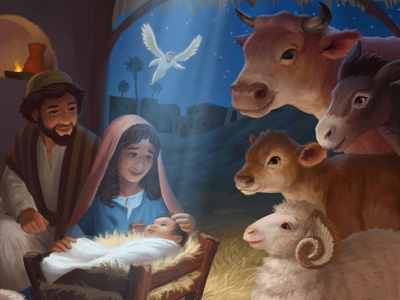 World Vision Christmas Card - Nativity Animals animals bible christian christmas digital painting illustration jesus nativity painting