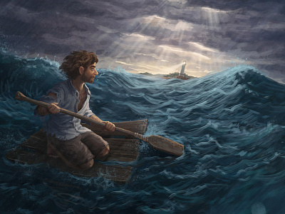 Aftermath digital painting illustration man ocean painting person sea storm survivor waves