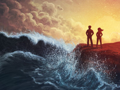 Stand Firm digital painting illustration ocean people rock silhouettes storm turbulent water waves